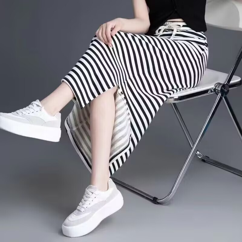 Women's Skirt 2025 New Style Elastic Waist Hip-Hugging Straight Pencil Skirt Mid-Length Black and White Striped Casual Long Skirt