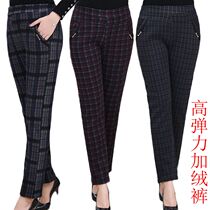 Middle Aged Pants Autumn Winter Style Middle Aged Women Pants High Waist Elastic Mom Loaded with velvet checkered bottom pants Little foot long pants