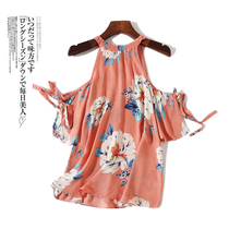 3304 summer new foreign air superfairy temperament sweet and beautiful printed snow-spinning jersey Belly Dew shoulder Sexy blouses