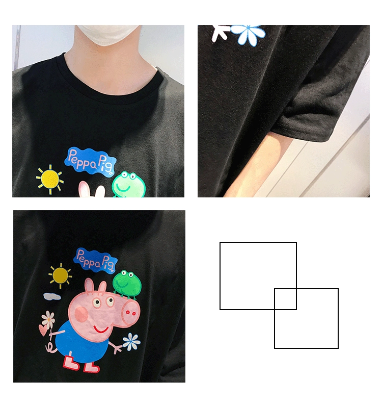 Áo thun nam Piggy Peggy nam ngắn tay đôi người xã hội Người mặc quần áo rộng tay nửa in rời Peiqi t