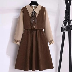 Girls' Autumn and Winter Dresses, New Fashionable and Stylish Long-Sleeved Princess Dresses, Girls' Spring and Autumn Retro Fake Two-Piece Dresses