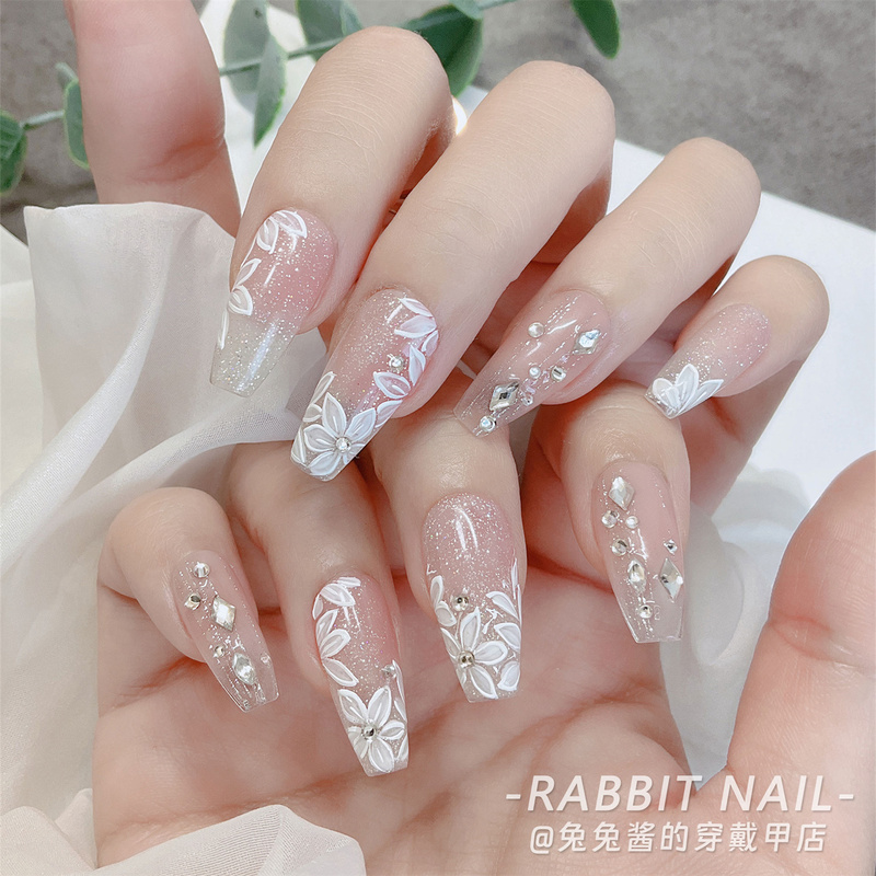 【Endless Summer】White Flowers, Fresh Fairy Wedding Nails, High-End Gentle Embossed Hand-Painted·Purely Handmade Wearable Nails