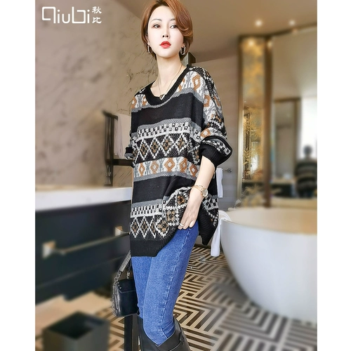 Трикотажный вместительный и большой весенний осенний свитер, большой размер, европейский стиль