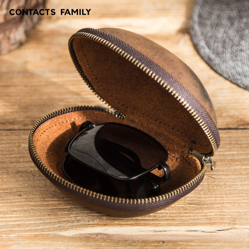 Creative Folding Sunglasses Case Crazy Horse Leather Hook Zipper Glasses Storage Box