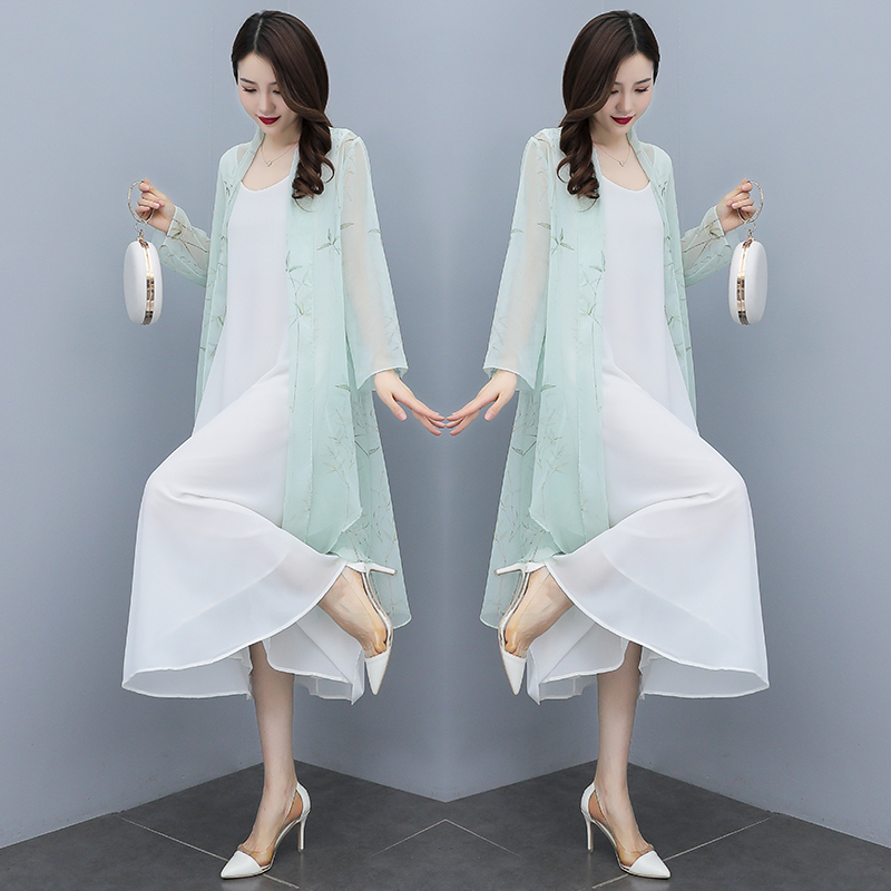 2026 New Improved Hanfu Mid-Length Women's Ethnic Style Chiffon Dress with an Elegant Retro Two-Piece Set