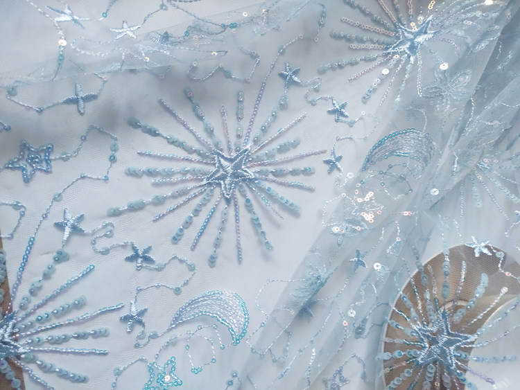 1meter Stars and moon sequined yarn cloth dress see-through sequined dress fashion designer mesh embroidery fabric