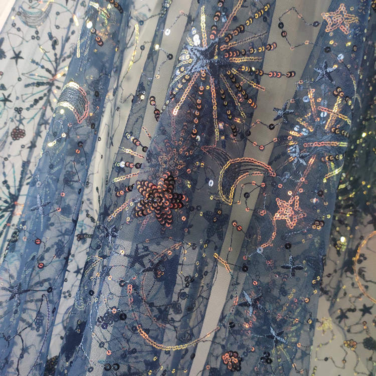 1meter Stars and moon sequined yarn cloth dress see-through sequined dress fashion designer mesh embroidery fabric