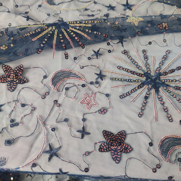 1meter Stars and moon sequined yarn cloth dress see-through sequined dress fashion designer mesh embroidery fabric