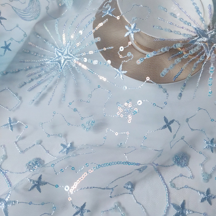 1meter Stars and moon sequined yarn cloth dress see-through sequined dress fashion designer mesh embroidery fabric