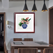 Ancient Wu Female Red Embroidery Painting Pure Handmade Su Embroidery Finished Product Hung Painting Living Room Xuanguan Restaurant Decoration Painting Blue Porcelain Lotus Flowers