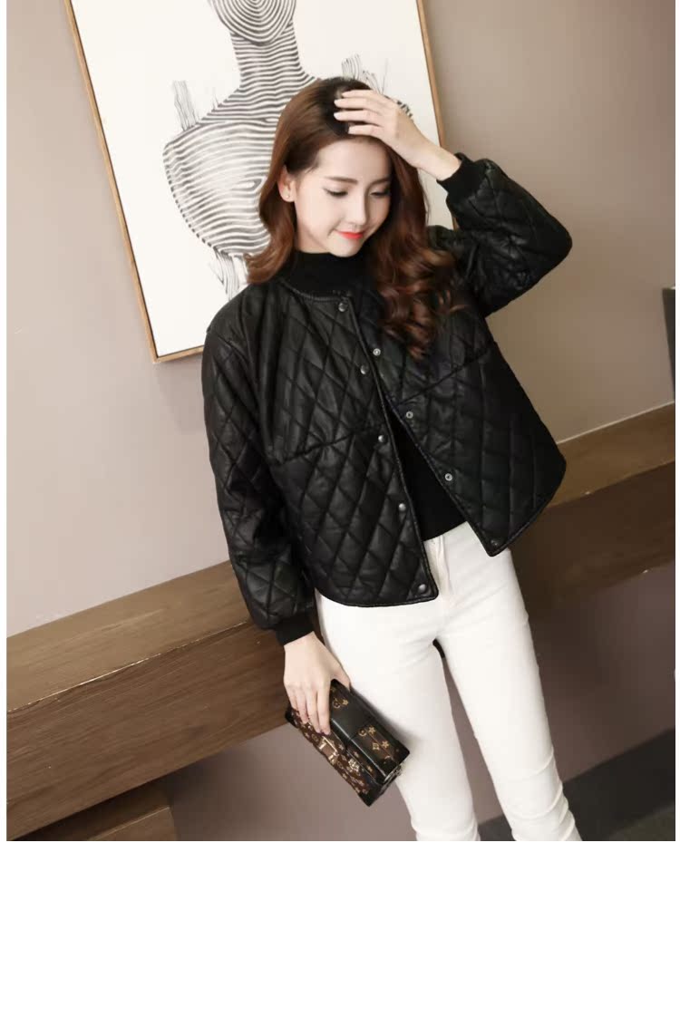 Áo khoác lửng nữ ngắn tay Pu mùa thu đông mới cổ tròn cỡ lớn áo khoác eo cao áo khoác cotton dày phiên bản Hàn Quốc áo da xịn
