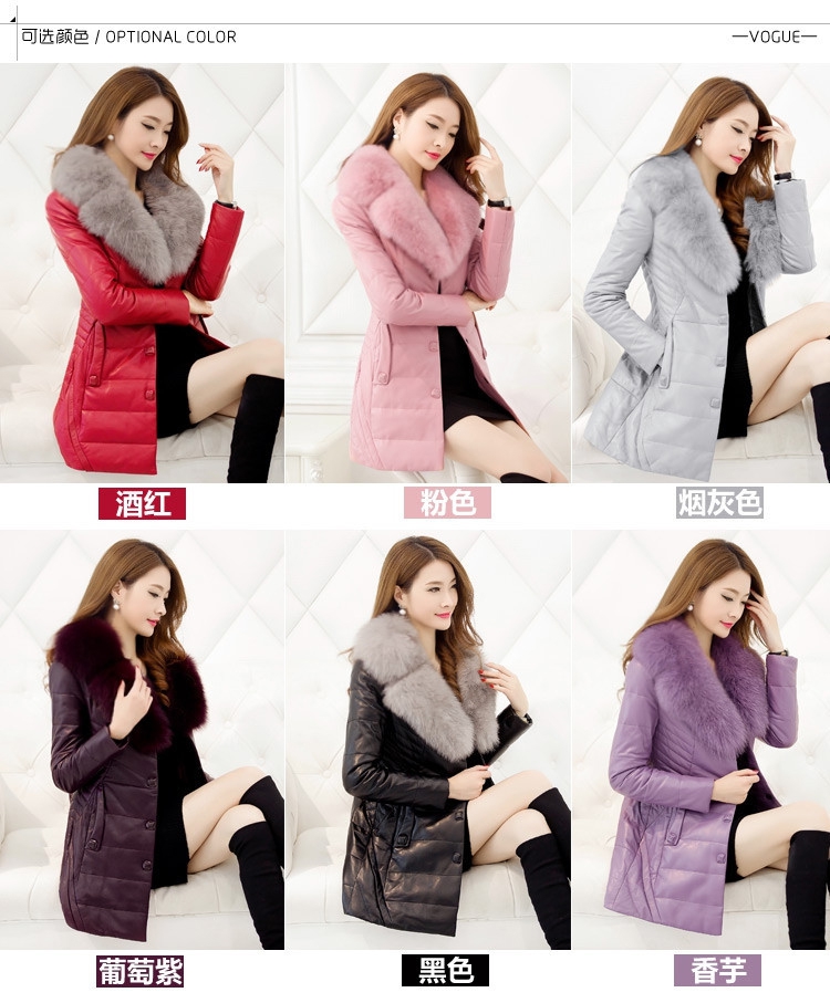 2017 mới Hained leather leather nữ da cừu xuống áo khoác nữ dài phần Slim big fox fur cổ áo áo khoác da nữ
