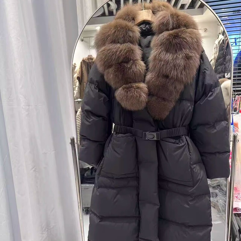 2025 Winter New High-End Fur Large Fox Fur Collar down Jacket for Women, Lace-Up, Long, Thickened, Warm Coat