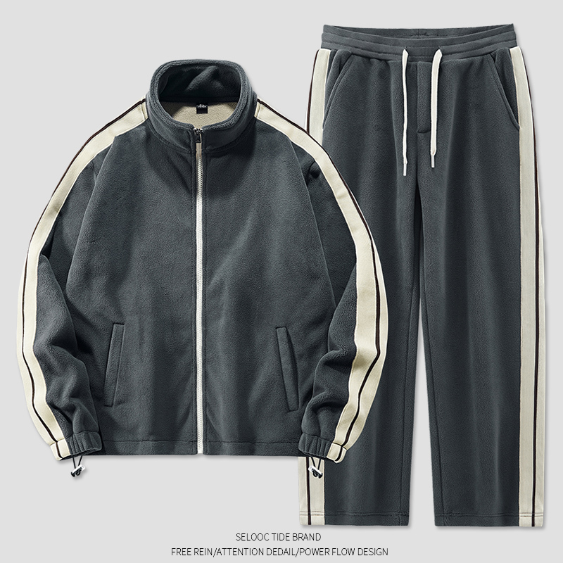 Polar Fleece Suit for Men in Autumn and Winter, Thickeneded and Warm Fleece Sweatshirt and Pants, a Complete Set of Outdoor Running and Leisure Sportswear