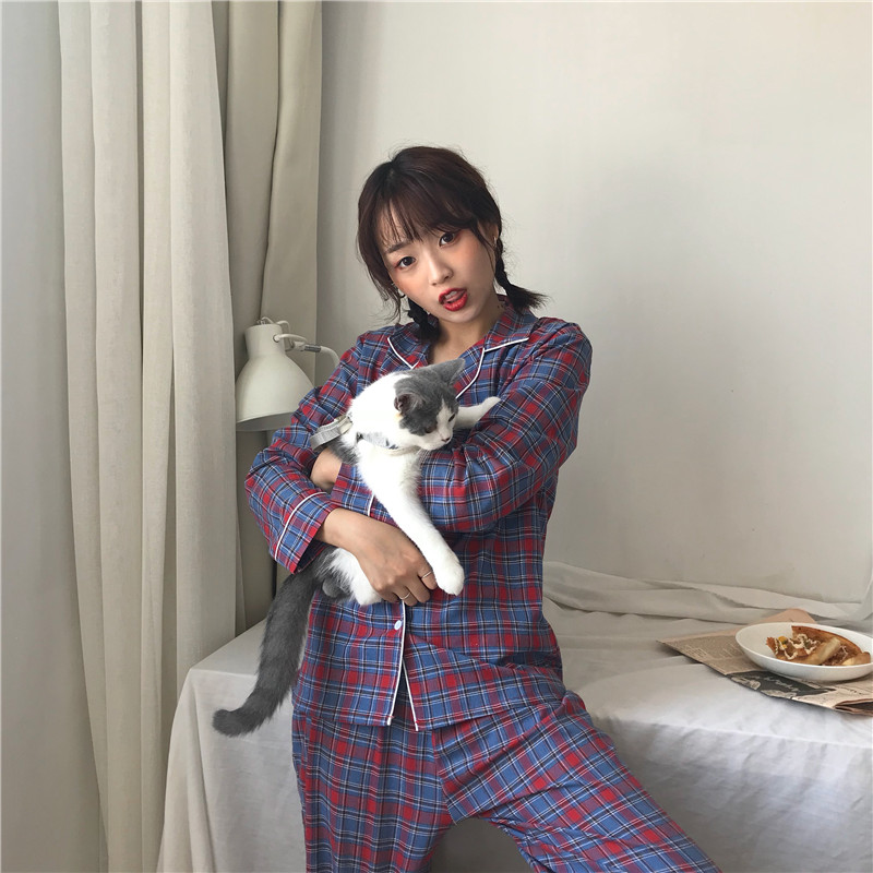 Chất lượng hàn quốc chất liệu cotton mềm mại thoáng khí mặc đồ ngủ kẻ sọc dài tay phù hợp với sản phẩm mới pijama nam