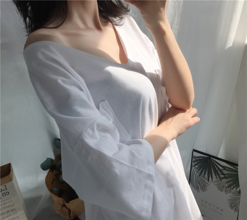 Nhật lười biếng! Xuân-hè mới ngắn tay phục vụ tại nhà nữ áo thun cổ chữ V chất liệu cotton gợi cảm, váy ngủ màu trắng váy ngủ