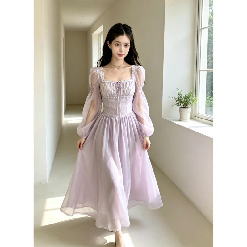 French-Style Retro Purple Long-Sleeved Dress for Women in Autumn and Winter, High-End and Elegant, Waist-Cinching, Stunning Long Dress French-Style Retro Purple Long-Sleeved Dress for Women in Autumn and Winter, High-End and Elegant, Waist-Cinching, Stunning Long Dress