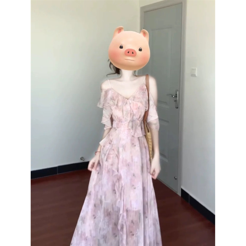 French Floral Off-Shoulder Suspender Dress for Women, Summer Seaside Vacation, High-End, Elegant, Waist-Cinching, Stunning Long Dress