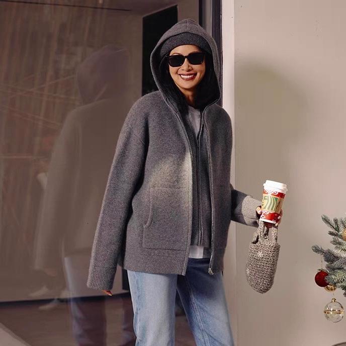 Small Heater Women's Cardigan Air Layer Thickened 100% Pure Cashmere Hoodie 2024 Autumn and Winter New Sweater Coat