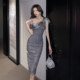 Temperament Craft Sequins and Organza Skirt Goddess Fan Summer Niche Slanted Shoulder Party Holiday Dress Dress