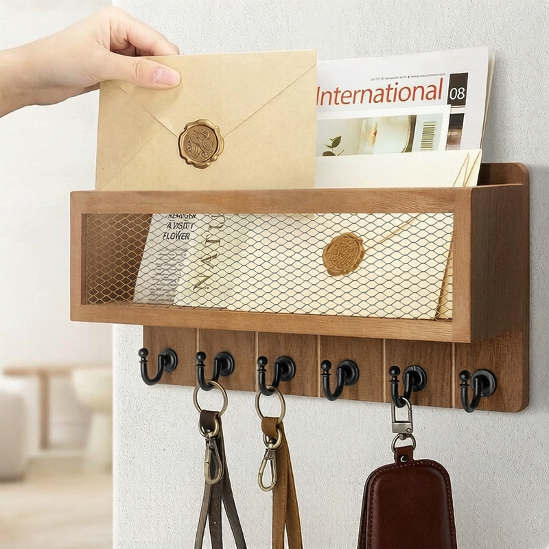 Wooden Style Paulownia Wood Guesthouse Wall-Mounted Storage Rack Multifunctional Key Hook Shelf with Mesh Pocket Storage Organizer