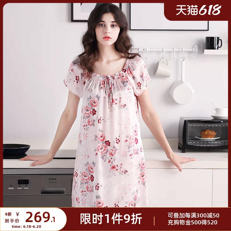 Dalli new Genuine Silk Sleeping Dress Woman Short Sleeve 100% Mulberry Silk Loose Summer Silk Lady Pyjamas home clothes