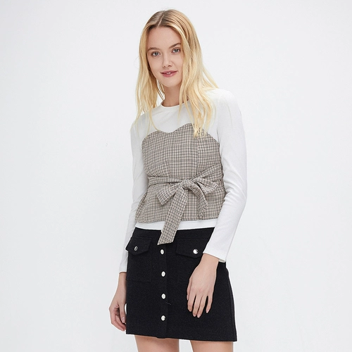 Cachecache2020 Весенний и осенний стиль в стиле Retro Hepburn Slim Splicing Plicing Bow Top Top Top для женщин