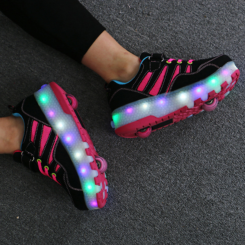 Child Storm Shoelace Light Student Adult Automatic Invisible Pulley Shoe Single Double Wheels Exploding Walking Shoes Men And Women's Wheel Shoes