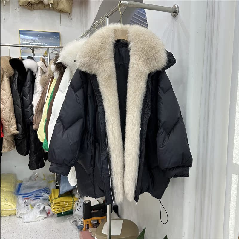 Oversized Real Fox Fur Collar Loose Fit Fur down Jacket Women's Mid-Length 2025 Winter Coat