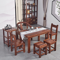 Solid wood tea table and chair combination New Chinese restaurant hot pot table Household tea table Antique dining table Office Kung fu tea several