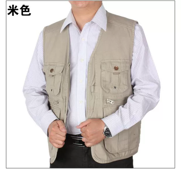 Áo vest nam trung niên mùa xuân và mùa thu mẫu cotton nhiều túi vest ngoài trời câu cá phóng viên chụp ảnh áo vest cổ chữ V áo chi lê
