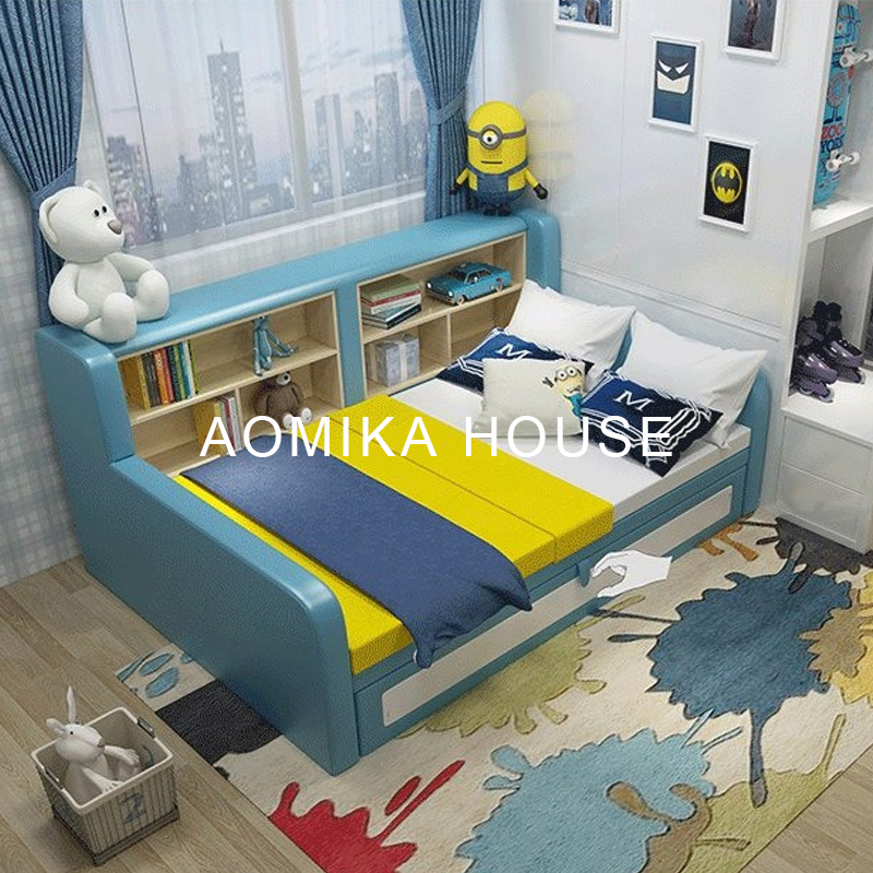 Creative children's bed desk one-piece leather bed Youth special offer 1 5 small apartment boy cartoon single bed 1 2 meters