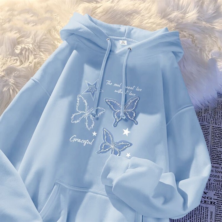 American Retro Cartoon Butterfly Print Hooded Sweatshirt for Women 2026 New Autumn and Winter Fleece-Lined Niche Casual Jacket Trendy American Retro Cartoon Butterfly Print Hooded Sweatshirt for Women 2026 New Autumn and Winter Fleece-Lined Niche Casual Jacket Trendy