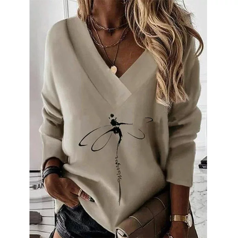 Женские повседневные топы с V-образным вырезом, абстрактный принт, длинный рукав, свитеры