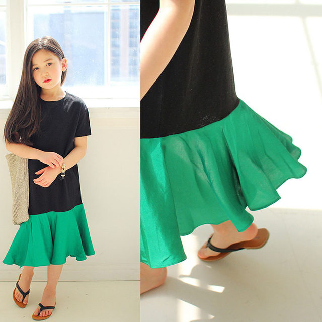 Summer girl's parent-child skirt mother-daughter dress contrast color stitching fashion casual short-sleeved skirt loose long skirt