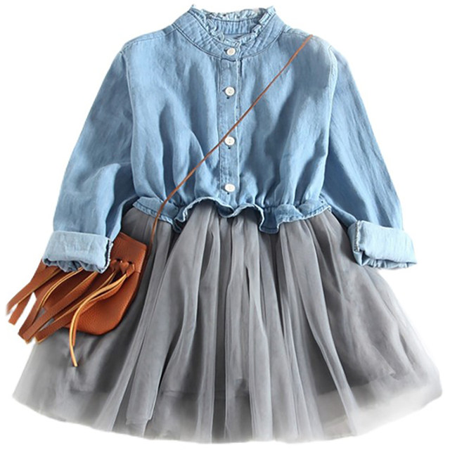 Children's clothing spring and autumn girls denim mesh stitching dress baby children's princess skirt casual all-match children's clothing