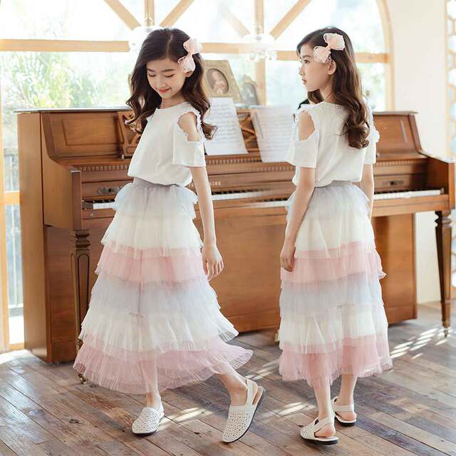 Girls mesh skirt 2022 summer children's clothing girl cake skirt big child princess tutu skirt mid-length skirt