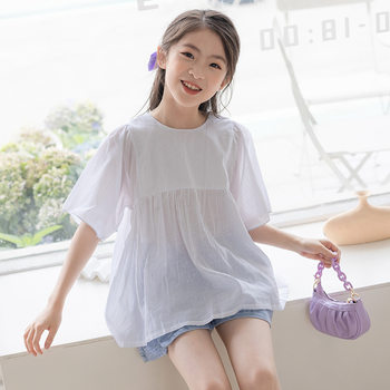 2022 summer girls' cotton simple style short-sleeved shirt in the big children's loose T-shirt doll shirt pinstripe shirt