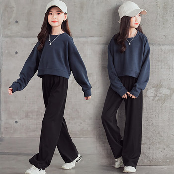 Children's clothing spring and autumn girls' suits short round neck pullover sweater loose wide leg pants two-piece set for big children
