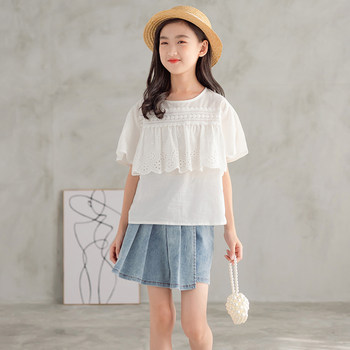 Summer children's clothing girls denim pleated shorts skirt lace T-shirt two-piece set medium and large children's Western-style girl suit