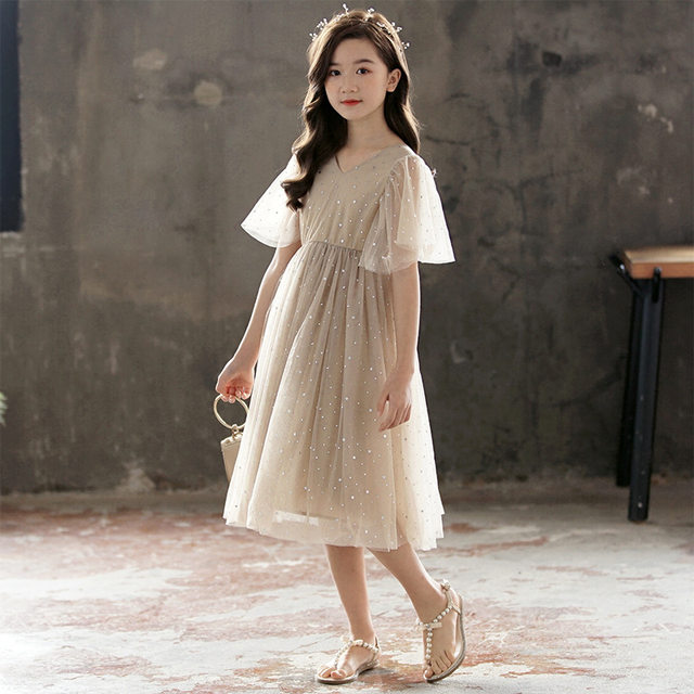 Girls V-neck mesh skirt summer short-sleeved princess skirt 2022 Korean version of the new middle and large children's dress