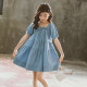 Girls stitching dress 2022 summer pure cotton square neck princess skirt big boy loose short sleeve big swing cake skirt