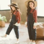 Mùa xuân và mùa thu Trẻ em mặc cho bé gái 2 mảnh Thời trang Hàn Quốc Denim Bib Chủ đề Top Hai mảnh Set Big Boy quần legging bé gái