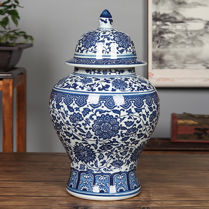 青花凤凰缠枝纹将军罐 景徳鎮 陶磁器 装飾品 現代工芸品 美術品 置物 清康煕青花を着て鳳紋将軍缶 景徳鎮 陶磁器 装飾品 現代工芸品