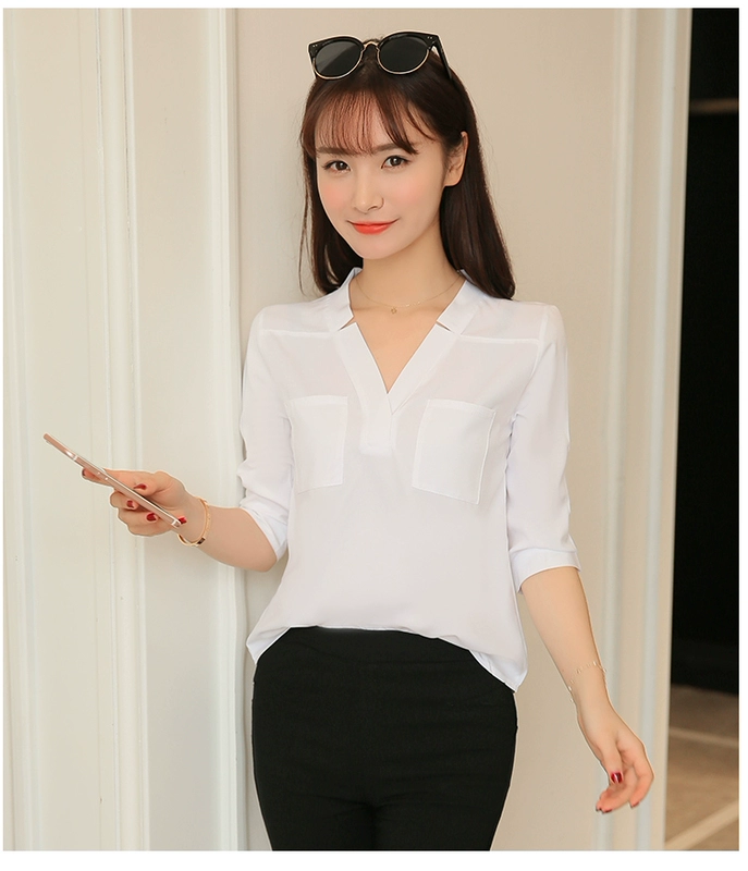 Mùa xuân 2017 hè mới của phụ nữ trùm đầu áo sơ mi trắng cổ chữ V nữ tay áo bảy điểm áo voan Han Fan giản dị vest nữ