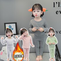 Childrens thermal underwear set plus velvet thickened winter boys and girls baby one velvet autumn pants high waist pajamas