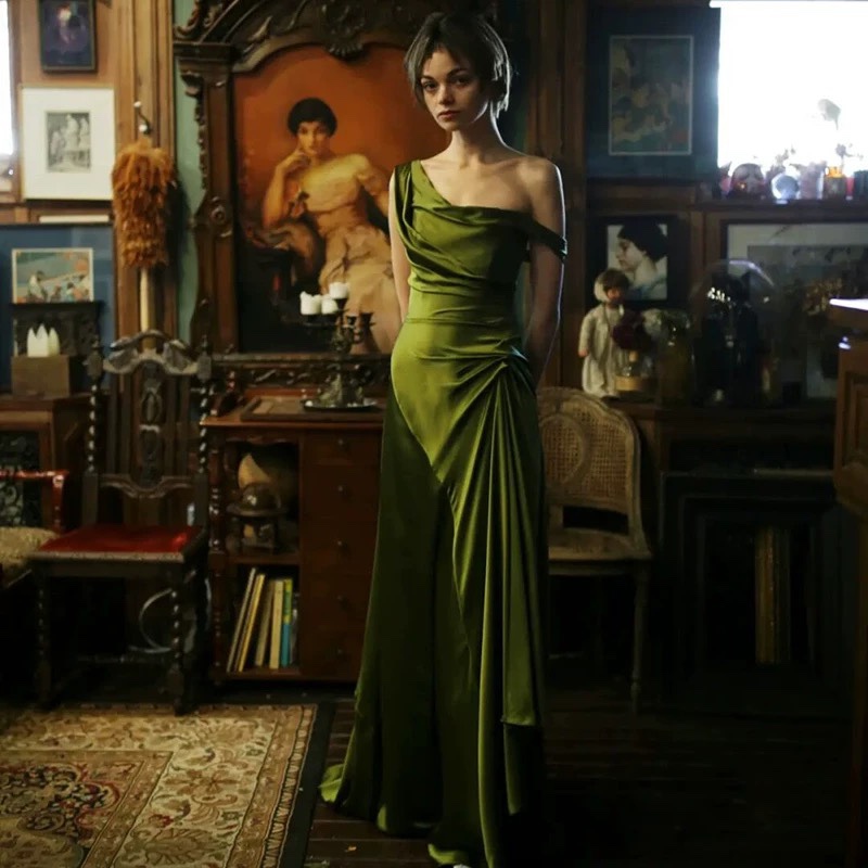 High-End New Acetate Pleated French-Style Engagement Dress, Vintage Green Small Gold Dress, Wedding Long Dress