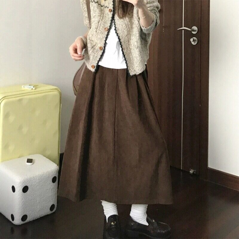 Vintage Coffee-Colored Midi Skirt for Women, New Autumn Style, Plus Size, High-Waisted, Slimming, Hip-Covering, A-Line Skirt
