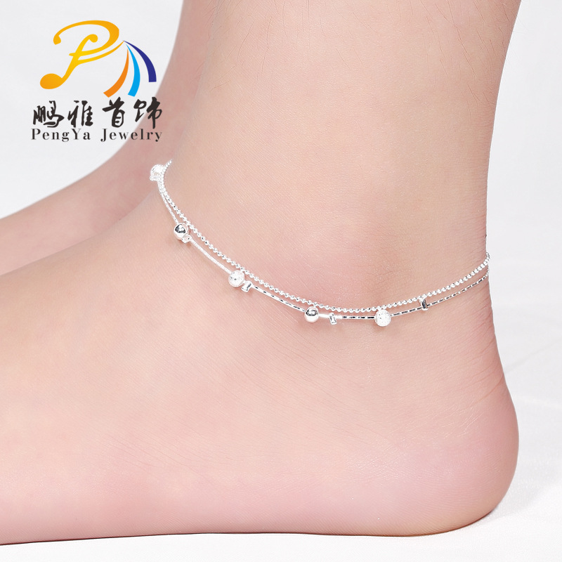 9.9 925 sterling bạc vòng chân Hàn Quốc phiên bản của Hàn Quốc chuông đơn giản vòng chân nữ bạc trang sức nhiều lớp sợi dây màu đỏ vòng chân