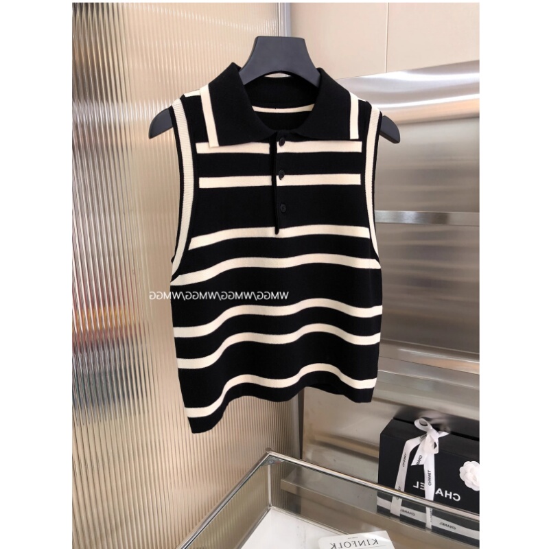 Black Striped Polo Shirt Knitted Vest for Women 2026 New Summer Thin Style Outerwear High-End Sleeveless Vest Top